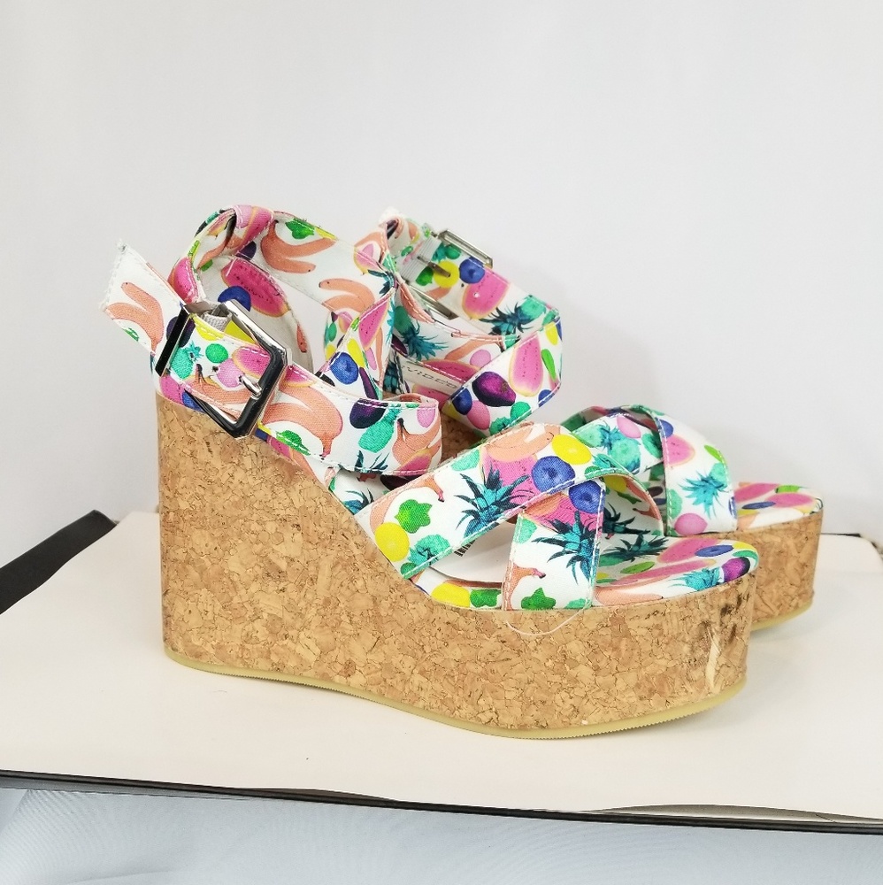Divided Floral Multicolor Cork Wedge Sandals